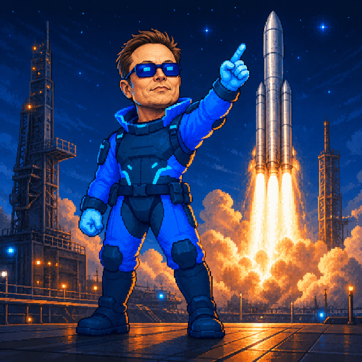 CyberElon on the launch pad pointing at the stars