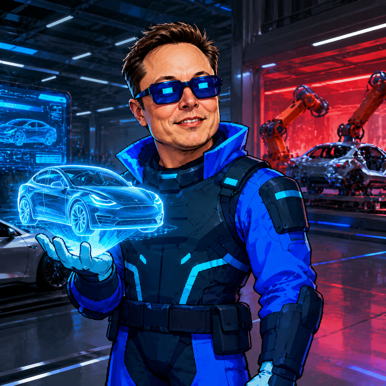 CyberElon holding a holographic electric car