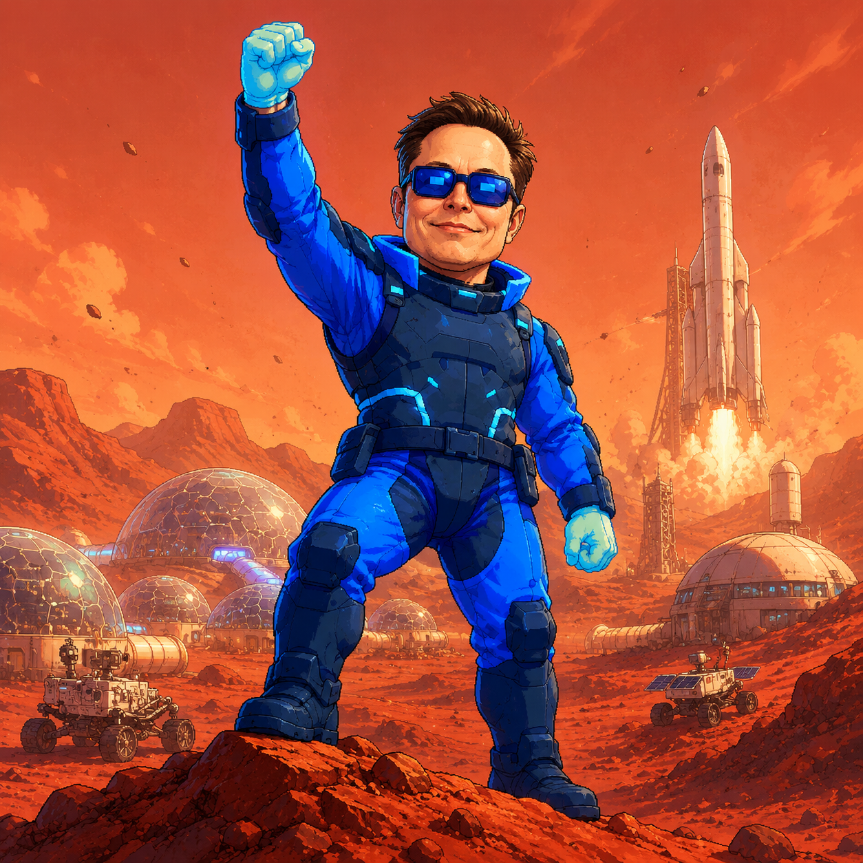 CyberElon standing on Mars beside a colony
